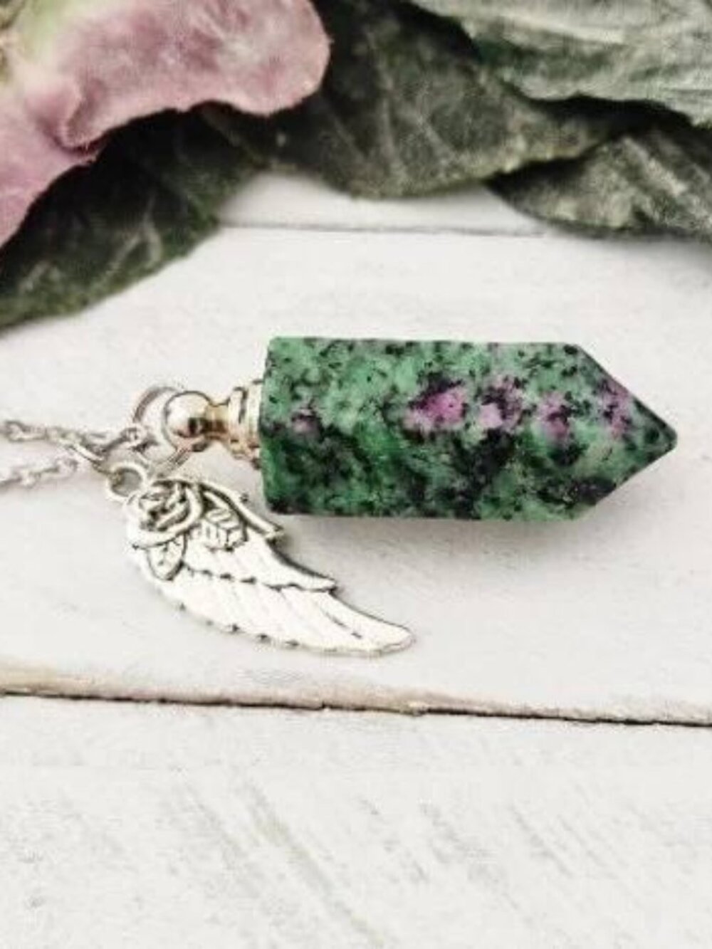 Ruby Zoisite Crystal Vial Perfume Bottle Necklace Angel Wing Rose Charm